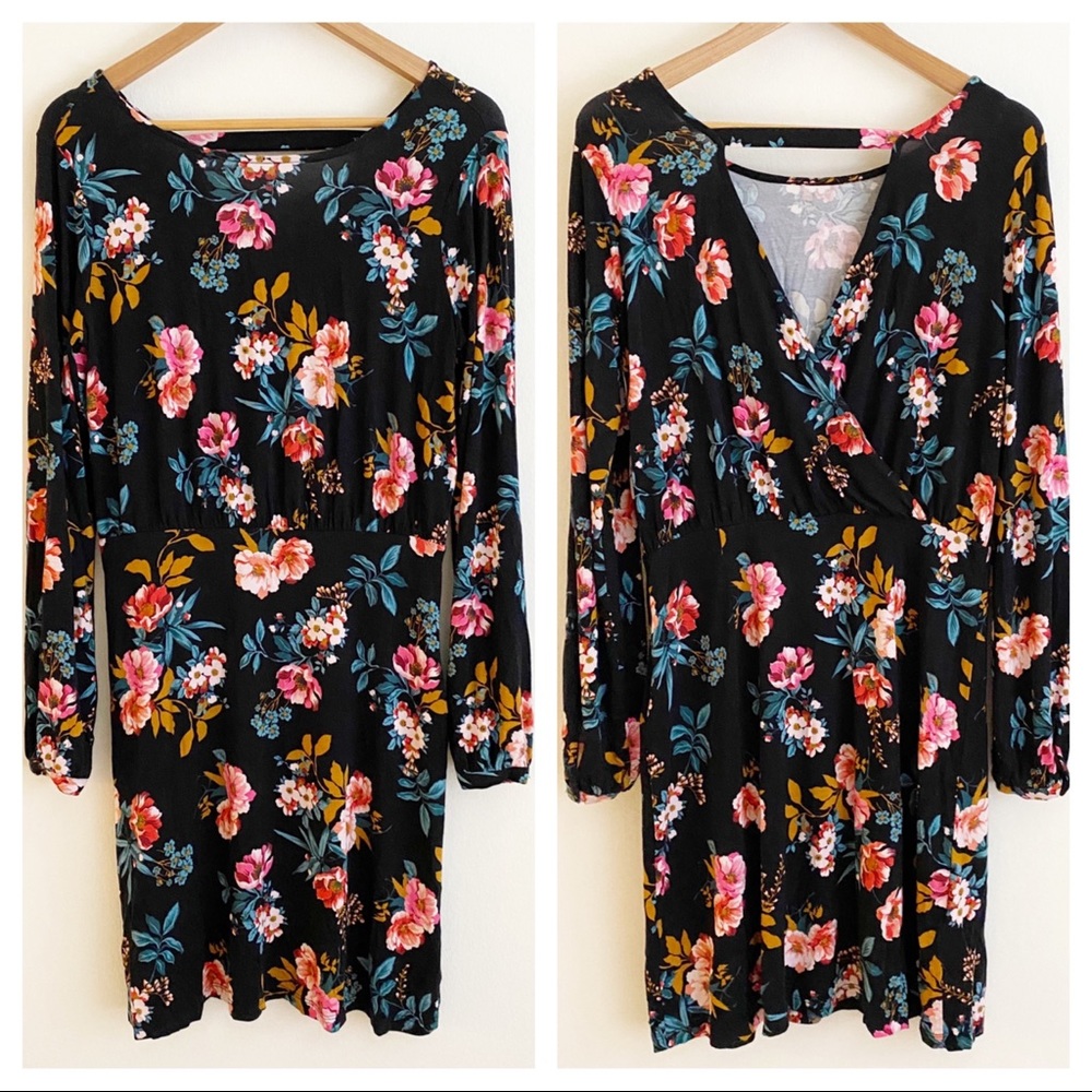 LOFT Floral Open Back Knit Long Sleeve Flare Skater Dress Black Pink 2 NWT - Picture 3 of 10